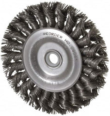 Weiler - 4" OD, 1/2" Arbor Hole, Knotted Steel Wheel Brush - 1/2" Face Width, 7/8" Trim Length, 0.02" Filament Diam, 20,000 RPM - Makers Industrial Supply