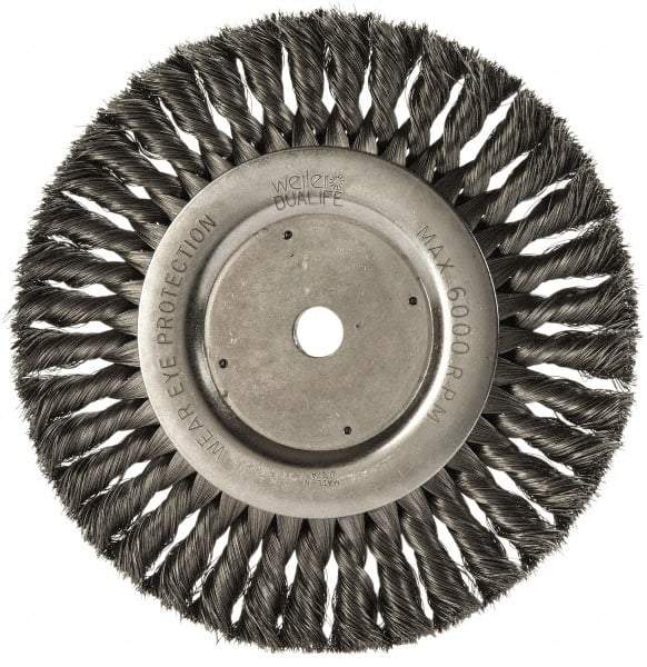 Weiler - 8" OD, 5/8" Arbor Hole, Knotted Steel Wheel Brush - 5/8" Face Width, 1-5/8" Trim Length, 0.0118" Filament Diam, 6,000 RPM - Makers Industrial Supply