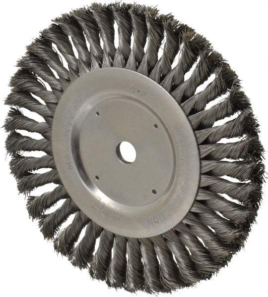 Weiler - 8" OD, 5/8" Arbor Hole, Knotted Steel Wheel Brush - 5/8" Face Width, 1-5/8" Trim Length, 0.016" Filament Diam, 6,000 RPM - Makers Industrial Supply