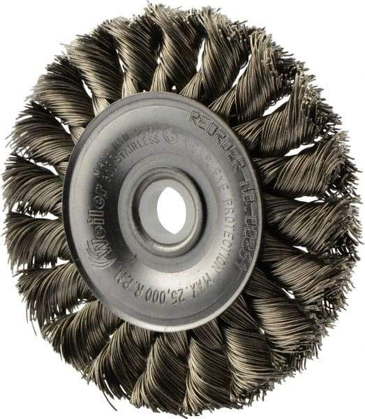 Weiler - 3" OD, 1/2" Arbor Hole, Knotted Stainless Steel Wheel Brush - 3/8" Face Width, 5/8" Trim Length, 0.014" Filament Diam, 25,000 RPM - Makers Industrial Supply