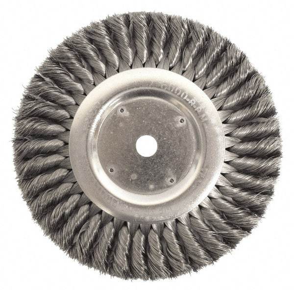 Weiler - 8" OD, 5/8" Arbor Hole, Knotted Stainless Steel Wheel Brush - 5/8" Face Width, 1-5/8" Trim Length, 0.0118" Filament Diam, 6,000 RPM - Makers Industrial Supply