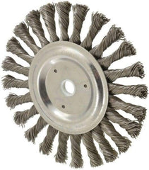 Weiler - 6" OD, 5/8" Arbor Hole, Knotted Steel Wheel Brush - 3/8" Face Width, 1-3/8" Trim Length, 0.023" Filament Diam, 9,000 RPM - Makers Industrial Supply