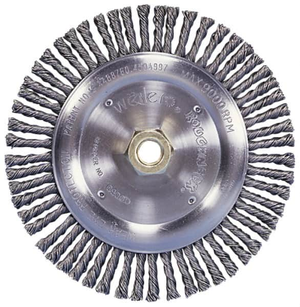 Weiler - 10" OD, 1-1/4" Arbor Hole, Knotted Steel Wheel Brush - 3/4" Face Width, 1-3/4" Trim Length, 0.014" Filament Diam, 4,500 RPM - Makers Industrial Supply