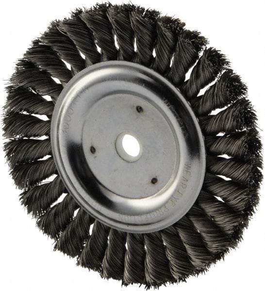 Weiler - 6" OD, 5/8" Arbor Hole, Knotted Steel Wheel Brush - 5/8" Face Width, 1-1/4" Trim Length, 0.016" Filament Diam, 9,000 RPM - Makers Industrial Supply