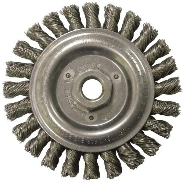 Weiler - 5" OD, 5/8-11 Arbor Hole, Knotted Steel Wheel Brush - 1/2" Face Width, 7/8" Trim Length, 0.023" Filament Diam, 12,500 RPM - Makers Industrial Supply