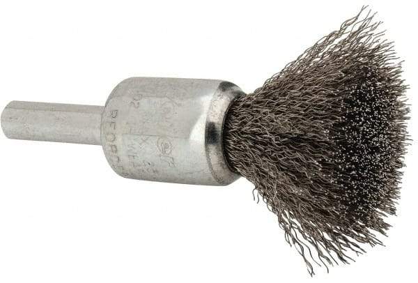 Weiler - 1/2" Brush Diam, Crimped, End Brush - 1/4" Diam Steel Shank, 25,000 Max RPM - Makers Industrial Supply