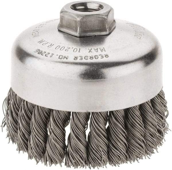 Weiler - 4" Diam, 5/8-11 Threaded Arbor, Steel Fill Cup Brush - 0.023 Wire Diam, 1-1/4" Trim Length, 9,000 Max RPM - Makers Industrial Supply
