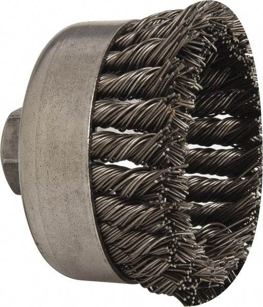 Weiler - 4" Diam, 5/8-11 Threaded Arbor, Steel Fill Cup Brush - 0.035 Wire Diam, 1-1/4" Trim Length, 9,000 Max RPM - Makers Industrial Supply