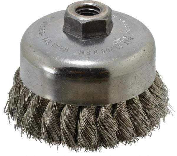 Weiler - 4" Diam, 5/8-11 Threaded Arbor, Stainless Steel Fill Cup Brush - 0.014 Wire Diam, 1-1/4" Trim Length, 9,000 Max RPM - Makers Industrial Supply
