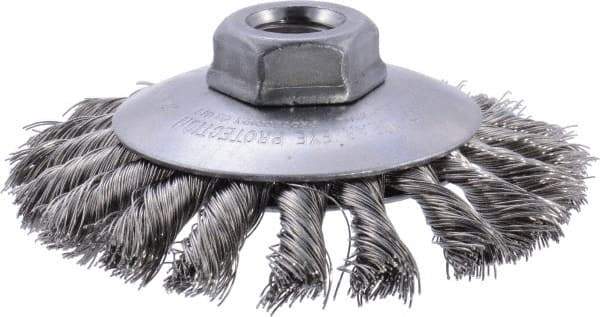 Weiler - 4" OD, 5/8-11 Arbor Hole, Knotted Stainless Steel Wheel Brush - 3/8" Face Width, 3/4" Trim Length, 0.014" Filament Diam, 12,500 RPM - Makers Industrial Supply