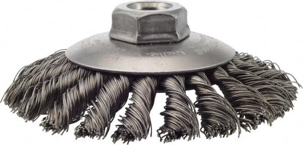 Weiler - 4-1/2" OD, 5/8-11 Arbor Hole, Knotted Steel Wheel Brush - 3/8" Face Width, 1" Trim Length, 0.02" Filament Diam, 12,500 RPM - Makers Industrial Supply