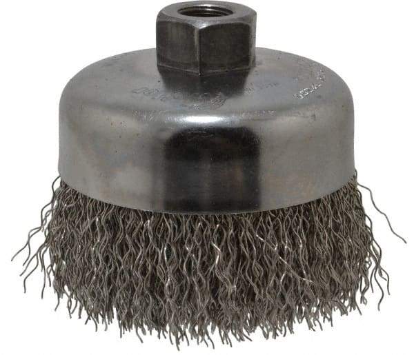 Weiler - 4" Diam, 5/8-11 Threaded Arbor, Stainless Steel Fill Cup Brush - 0.02 Wire Diam, 1-3/8" Trim Length, 9,000 Max RPM - Makers Industrial Supply