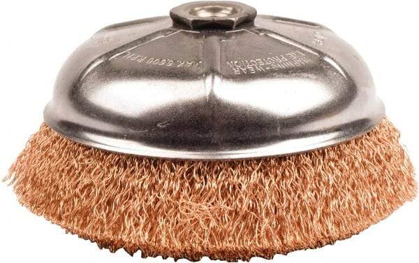 Weiler - 6" Diam, 5/8-11 Threaded Arbor, Bronze Fill Cup Brush - 0.02 Wire Diam, 1-1/4" Trim Length, 6,600 Max RPM - Makers Industrial Supply