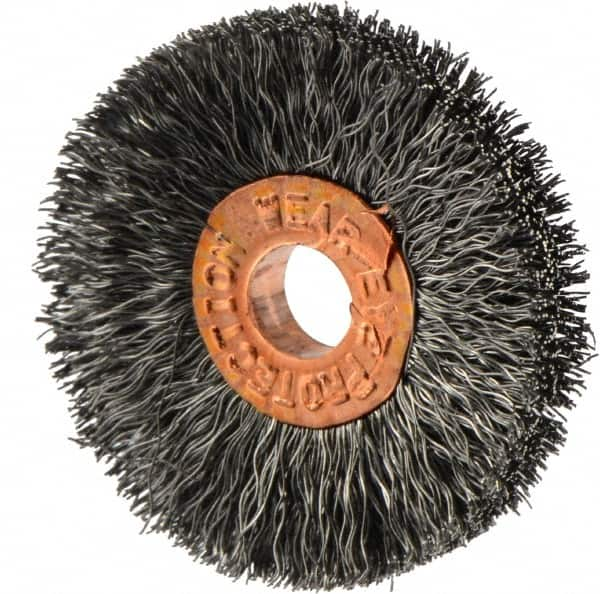 Weiler - 1-1/4" OD, 1/4" Arbor Hole, Crimped Steel Wheel Brush - 1/4" Face Width, 3/8" Trim Length, 0.006" Filament Diam, 20,000 RPM - Makers Industrial Supply