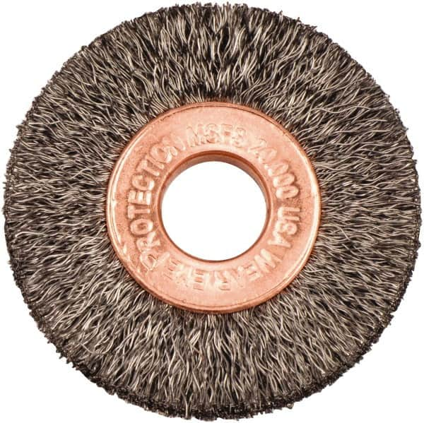 Weiler - 1-1/2" OD, 3/8" Arbor Hole, Crimped Steel Wheel Brush - 1/4" Face Width, 7/16" Trim Length, 0.006" Filament Diam, 20,000 RPM - Makers Industrial Supply