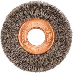 Weiler - 1-1/2" OD, 3/8" Arbor Hole, Crimped Steel Wheel Brush - 1/4" Face Width, 7/16" Trim Length, 0.008" Filament Diam, 20,000 RPM - Makers Industrial Supply