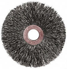 Weiler - 2" OD, 1/2" Arbor Hole, Crimped Steel Wheel Brush - 3/8" Face Width, 1/2" Trim Length, 0.0104" Filament Diam, 20,000 RPM - Makers Industrial Supply