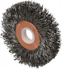 Weiler - 2" OD, 1/2" Arbor Hole, Crimped Steel Wheel Brush - 3/8" Face Width, 1/2" Trim Length, 0.014" Filament Diam, 20,000 RPM - Makers Industrial Supply