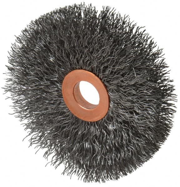 Weiler - 3" OD, 1/2" Arbor Hole, Crimped Steel Wheel Brush - 5/8" Face Width, 1" Trim Length, 0.0104" Filament Diam, 20,000 RPM - Makers Industrial Supply