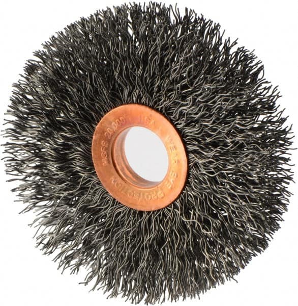 Weiler - 3" OD, 5/8" Arbor Hole, Crimped Steel Wheel Brush - 5/8" Face Width, 15/16" Trim Length, 0.014" Filament Diam, 20,000 RPM - Makers Industrial Supply