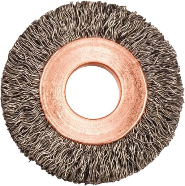 Weiler - 1-1/4" OD, 3/8" Arbor Hole, Crimped Steel Wheel Brush - 1/4" Face Width, 5/16" Trim Length, 0.008" Filament Diam, 20,000 RPM - Makers Industrial Supply