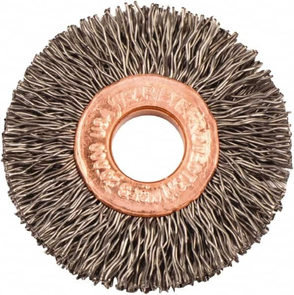 Weiler - 1-1/2" OD, 3/8" Arbor Hole, Crimped Steel Wheel Brush - 1/4" Face Width, 7/16" Trim Length, 0.014" Filament Diam, 20,000 RPM - Makers Industrial Supply