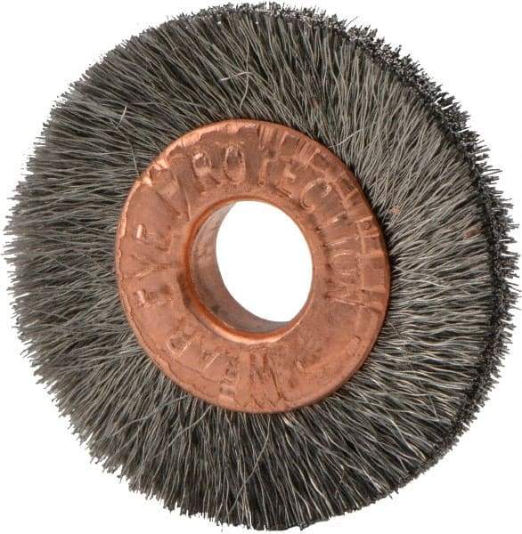 Weiler - 1" OD, 1/4" Arbor Hole, Crimped Stainless Steel Wheel Brush - 3/16" Face Width, 1/4" Trim Length, 0.003" Filament Diam, 20,000 RPM - Makers Industrial Supply