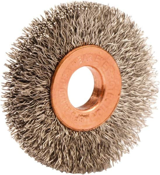 Weiler - 1-1/2" OD, 3/8" Arbor Hole, Crimped Stainless Steel Wheel Brush - 1/4" Face Width, 7/16" Trim Length, 0.008" Filament Diam, 20,000 RPM - Makers Industrial Supply