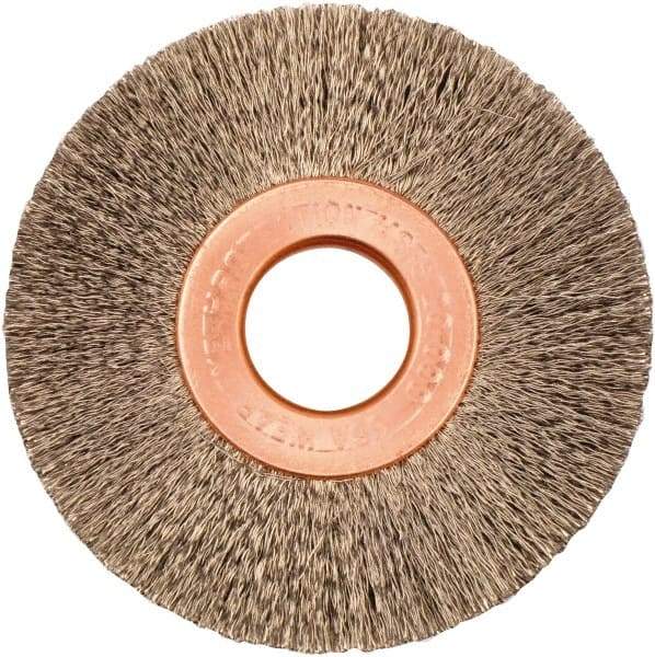 Weiler - 2" OD, 1/2" Arbor Hole, Crimped Stainless Steel Wheel Brush - 3/8" Face Width, 1/2" Trim Length, 0.005" Filament Diam, 20,000 RPM - Makers Industrial Supply