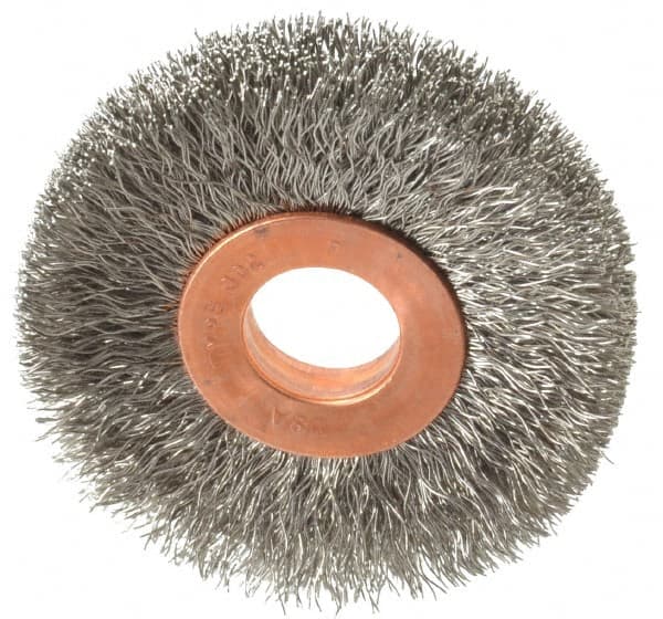 Weiler - 2" OD, 1/2" Arbor Hole, Crimped Stainless Steel Wheel Brush - 3/8" Face Width, 1/2" Trim Length, 0.008" Filament Diam, 20,000 RPM - Makers Industrial Supply