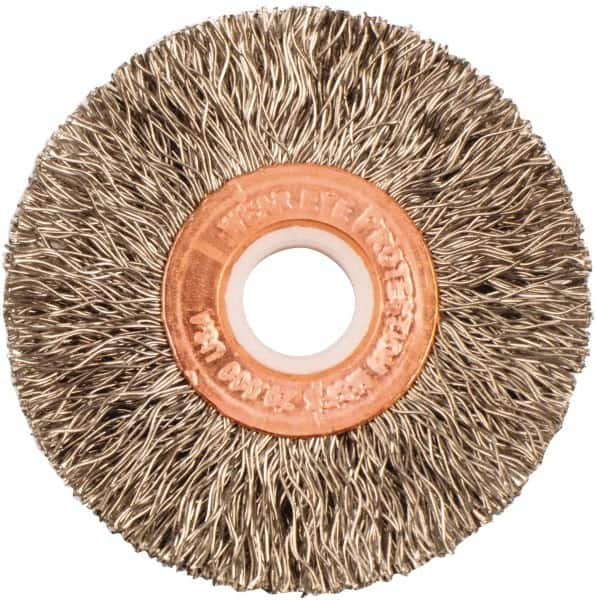 Weiler - 2" OD, 1/2" Arbor Hole, Crimped Stainless Steel Wheel Brush - 3/8" Face Width, 1/2" Trim Length, 0.0118" Filament Diam, 20,000 RPM - Makers Industrial Supply