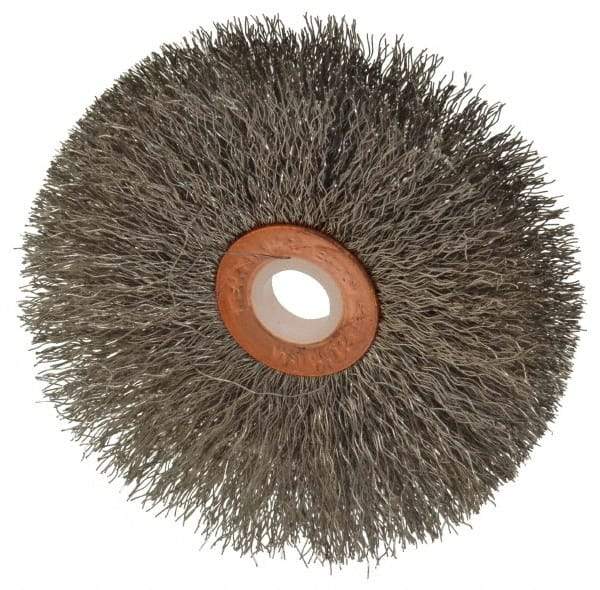 Weiler - 3" OD, 1/2" Arbor Hole, Crimped Stainless Steel Wheel Brush - 5/8" Face Width, 1" Trim Length, 0.008" Filament Diam, 20,000 RPM - Makers Industrial Supply