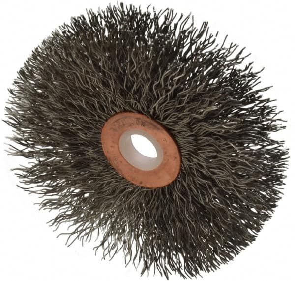 Weiler - 3" OD, 1/2" Arbor Hole, Crimped Stainless Steel Wheel Brush - 5/8" Face Width, 1" Trim Length, 0.014" Filament Diam, 20,000 RPM - Makers Industrial Supply