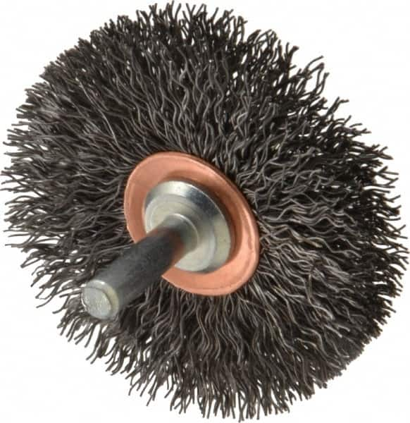 Weiler - 2-1/2" OD, 1/4" Shank Diam, Crimped Steel Wheel Brush - 3/8" Face Width, 3/4" Trim Length, 0.014" Filament Diam, 20,000 RPM - Makers Industrial Supply