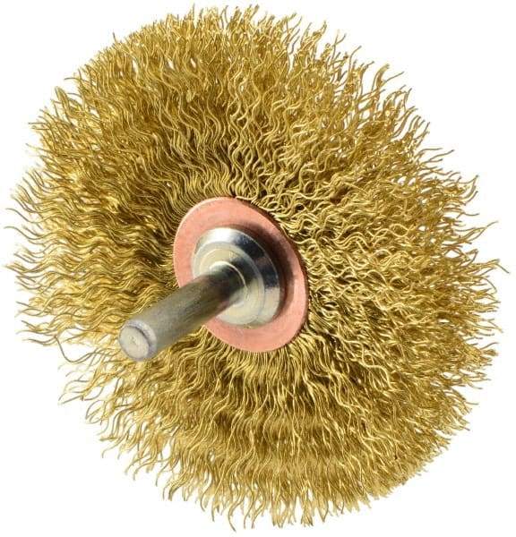 Weiler - 3" OD, 1/4" Shank Diam, Crimped Brass Wheel Brush - 1/2" Face Width, 1" Trim Length, 0.0118" Filament Diam, 20,000 RPM - Makers Industrial Supply