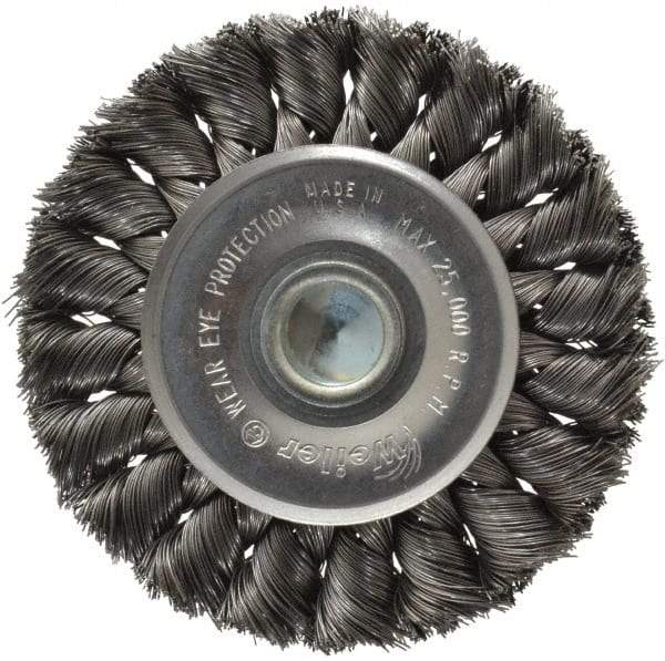 Weiler - 3-1/4" OD, 1/4" Shank Diam, Knotted Steel Wheel Brush - 3/8" Face Width, 5/8" Trim Length, 0.0118" Filament Diam, 25,000 RPM - Makers Industrial Supply