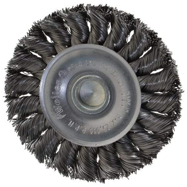 Weiler - 3-1/4" OD, 1/4" Shank Diam, Knotted Steel Wheel Brush - 3/8" Face Width, 5/8" Trim Length, 0.014" Filament Diam, 25,000 RPM - Makers Industrial Supply