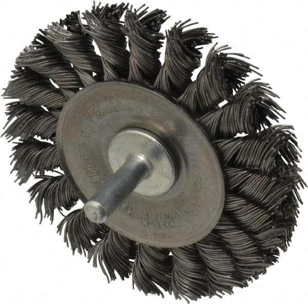 Weiler - 3-1/4" OD, 1/4" Shank Diam, Knotted Steel Wheel Brush - 3/8" Face Width, 5/8" Trim Length, 0.02" Filament Diam, 25,000 RPM - Makers Industrial Supply