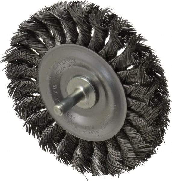 Weiler - 4" OD, 1/4" Shank Diam, Knotted Steel Wheel Brush - 1/2" Face Width, 7/8" Trim Length, 0.014" Filament Diam, 20,000 RPM - Makers Industrial Supply