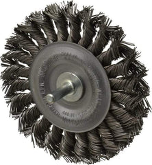 Weiler - 4" OD, 1/4" Shank Diam, Knotted Steel Wheel Brush - 1/2" Face Width, 7/8" Trim Length, 0.02" Filament Diam, 20,000 RPM - Makers Industrial Supply