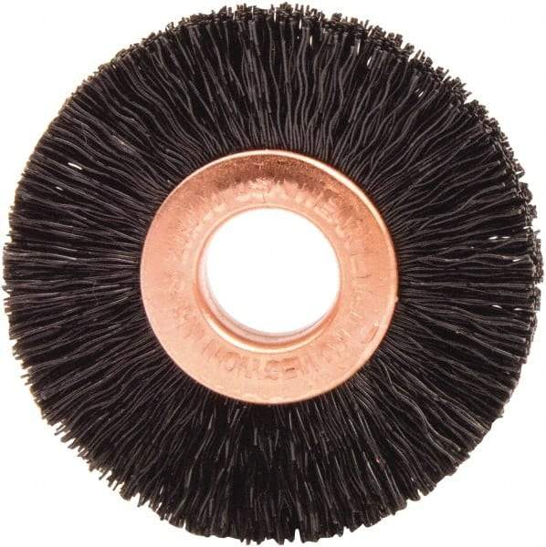 Weiler - 1-1/2" OD, 3/8" Arbor Hole, Nylon Wheel Brush - 1/4" Face Width, 7/16" Trim Length, 0.01" Filament Diam, 20,000 RPM - Makers Industrial Supply