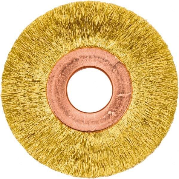 Weiler - 2" OD, 1/2" Arbor Hole, Crimped Brass Wheel Brush - 3/8" Face Width, 1/2" Trim Length, 0.005" Filament Diam, 20,000 RPM - Makers Industrial Supply