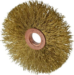 Weiler - 3" OD, 1/2" Arbor Hole, Crimped Brass Wheel Brush - 5/8" Face Width, 1" Trim Length, 0.014" Filament Diam, 20,000 RPM - Makers Industrial Supply