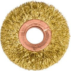 Weiler - 2" OD, 1/2" Arbor Hole, Crimped Brass Wheel Brush - 3/8" Face Width, 1/2" Trim Length, 0.0118" Filament Diam, 20,000 RPM - Makers Industrial Supply