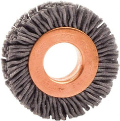 Weiler - 1-1/2" OD, 1/2" Arbor Hole, Nylon Wheel Brush - 3/8" Face Width, 1/4" Trim Length, 0.035" Filament Diam, 10,000 RPM - Makers Industrial Supply