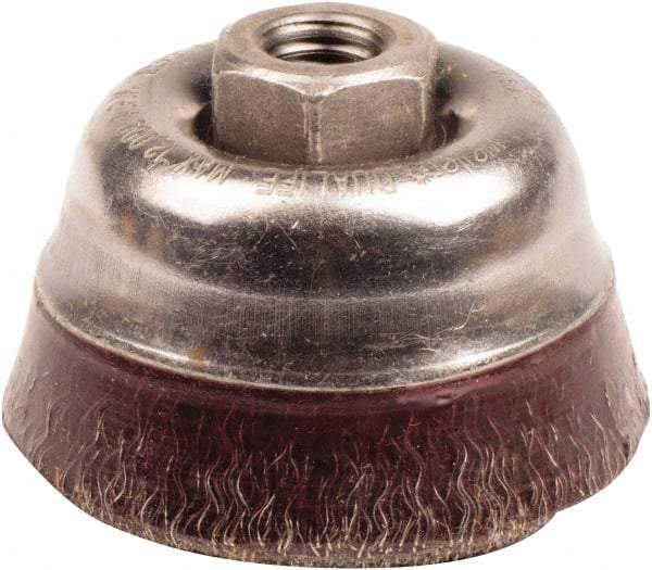 Weiler - 3-1/2" Diam, 5/8-11 Threaded Arbor, Steel Fill Cup Brush - 0.014 Wire Diam, 7/8" Trim Length, 12,000 Max RPM - Makers Industrial Supply