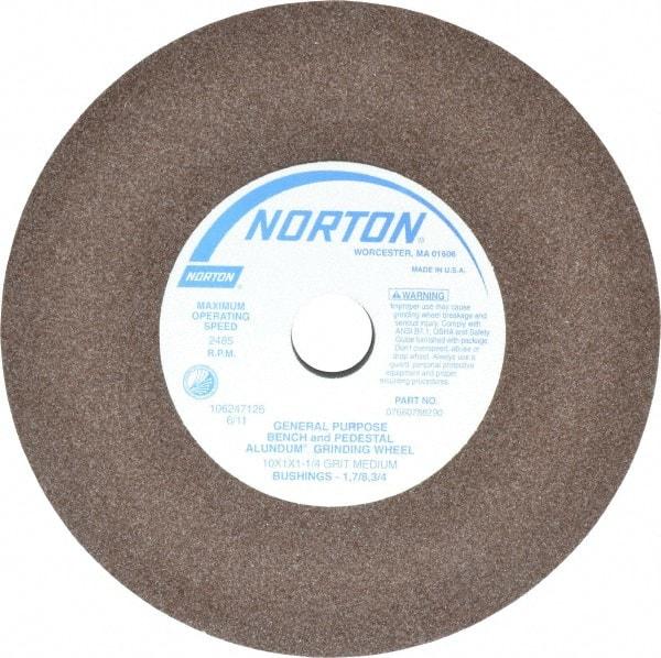 Norton - 60/80 Grit Aluminum Oxide Bench & Pedestal Grinding Wheel - 10" Diam x 1-1/4" Hole x 1" Thick, 2485 Max RPM, Medium Grade - Makers Industrial Supply