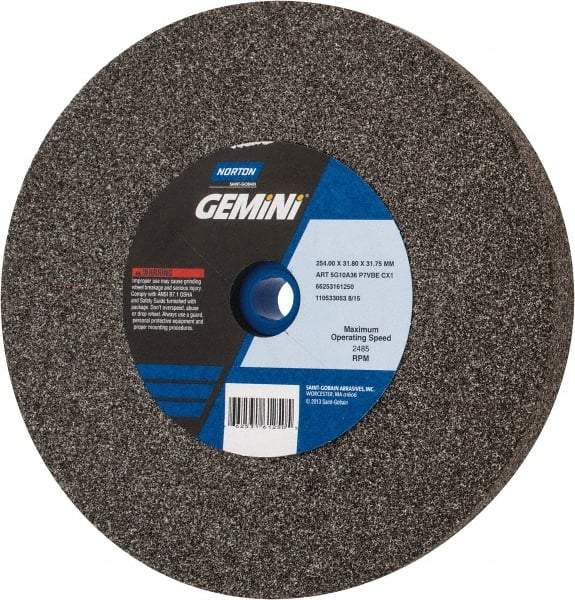 Norton - 36/46 Grit Aluminum Oxide Bench & Pedestal Grinding Wheel - 10" Diam x 1-1/4" Hole x 1-1/4" Thick, 2485 Max RPM, Very Coarse/Coarse Grade - Makers Industrial Supply