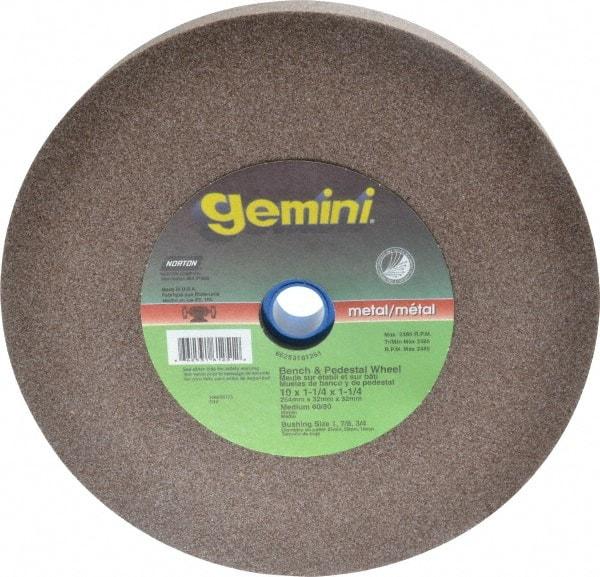 Norton - 60/80 Grit Aluminum Oxide Bench & Pedestal Grinding Wheel - 10" Diam x 1-1/4" Hole x 1-1/4" Thick, 2485 Max RPM, Medium Grade - Makers Industrial Supply