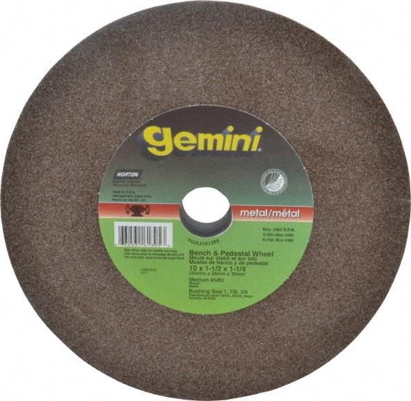 Norton - 60 Grit Aluminum Oxide Bench & Pedestal Grinding Wheel - 10" Diam x 1-1/4" Hole x 1-1/2" Thick, 2485 Max RPM, Medium Grade - Makers Industrial Supply